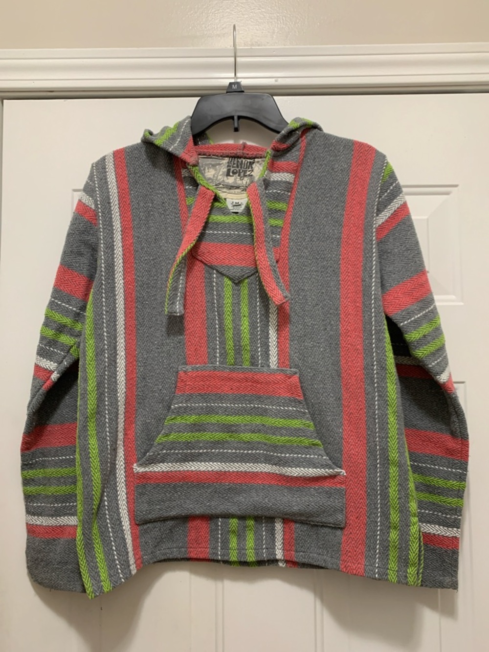 3/$15 Striped Hooded Baja Mexican Pullover - Gray, Pink & Lime Size Medium